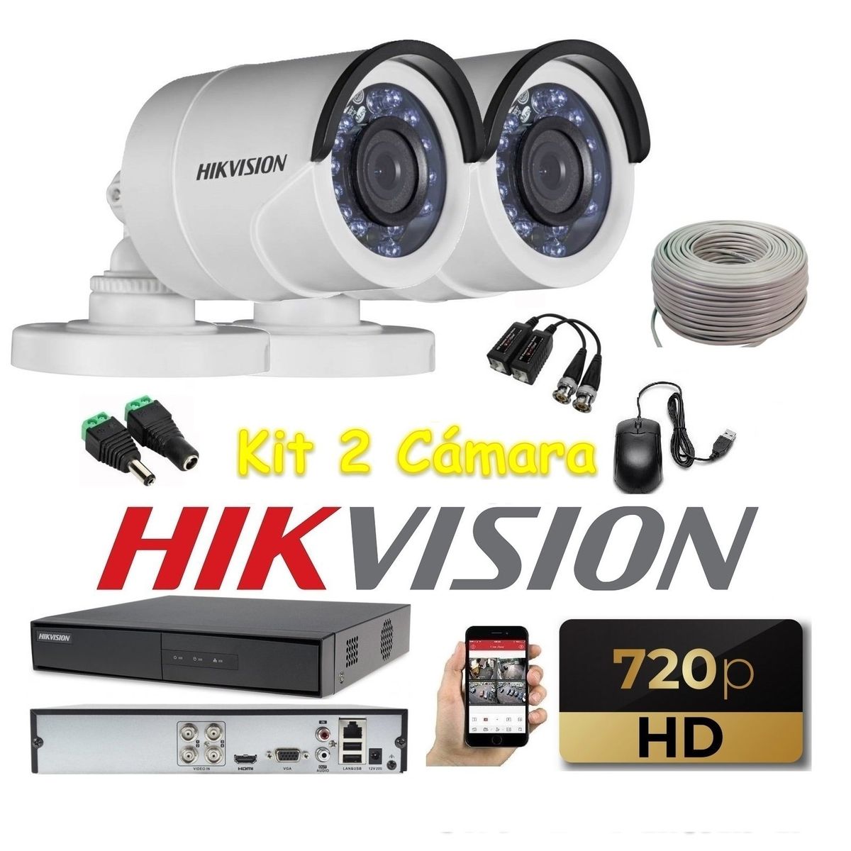 HIKVISION - kit 2 Cámaras Seguridad Tubo Exterior HD Hikvision + Cable