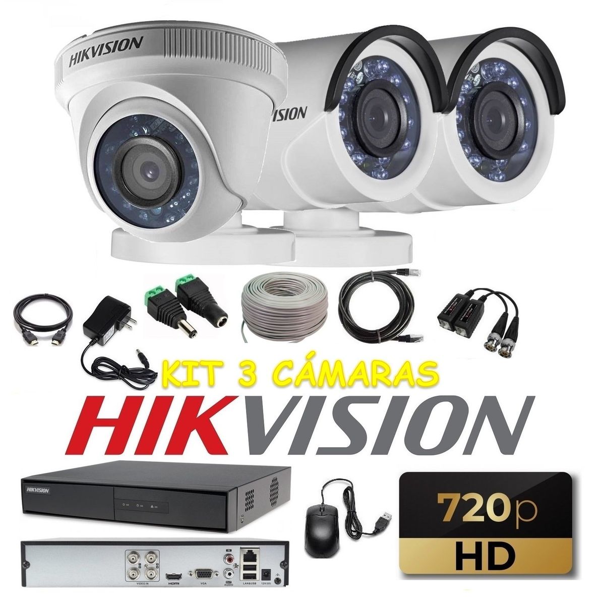 HIKVISION - kit 3 Cámaras Seguridad HD 720p Hikvision + Cable