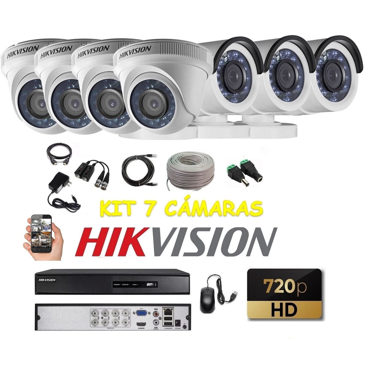 HIKVISION - kit 7 Cámaras Seguridad HD Hikvision + Cable