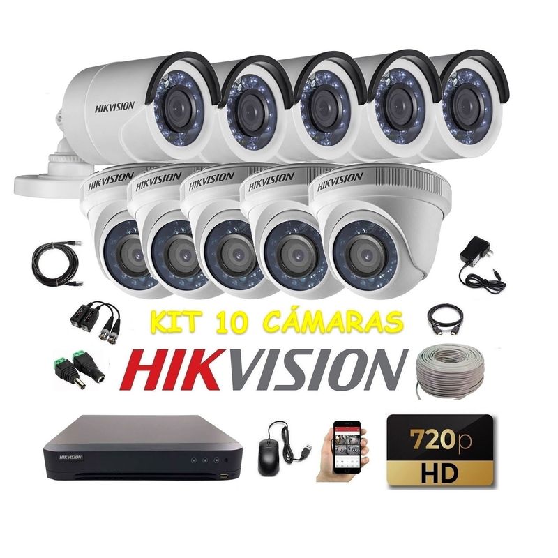 HIKVISION - kit 10 Cámaras Seguridad HD Hikvision + Cable