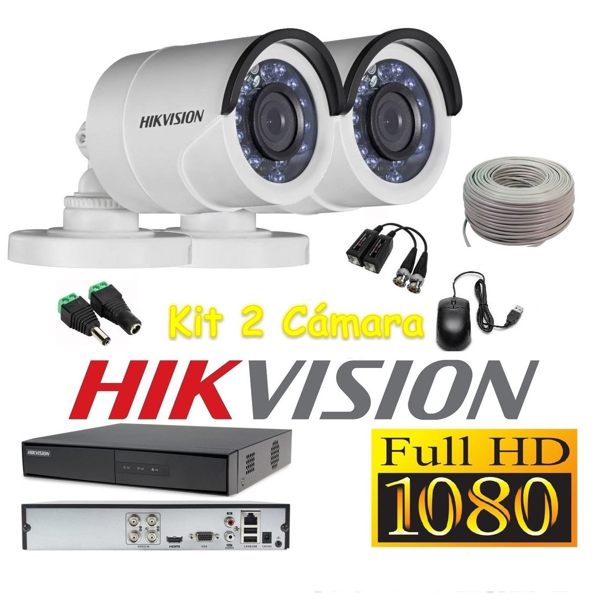 HIKVISION - kit 2 Cámaras Seguridad Tubo Exterior FULLHD Hikvision + Cable