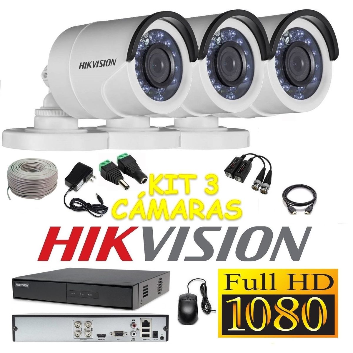 HIKVISION - kit 3 Cámaras Seguridad Tubo Interior FULLHD Hikvision + Cable