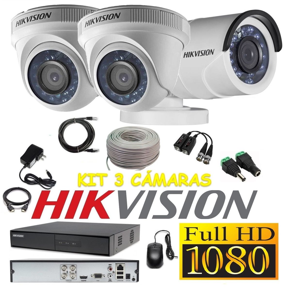 HIKVISION - kit 3 Cámaras Seguridad FULLHD Hikvision + Cable