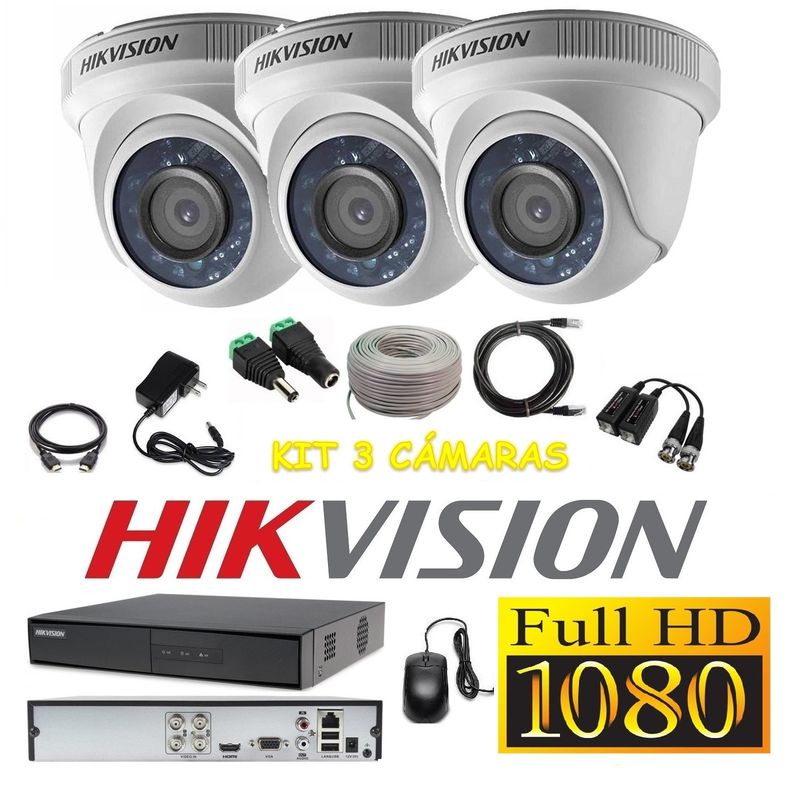 HIKVISION - kit 3 Cámaras Seguridad Domo Interior FULLHD Hikvision + Cable