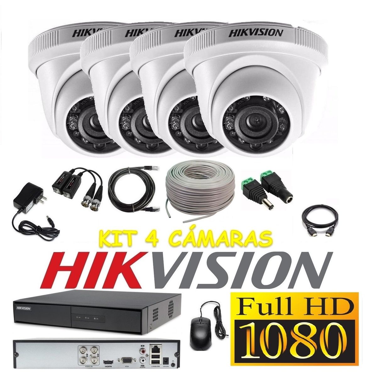 HIKVISION - kit 4 Cámaras Seguridad Domo Interior FULLHD Hikvision + Cable