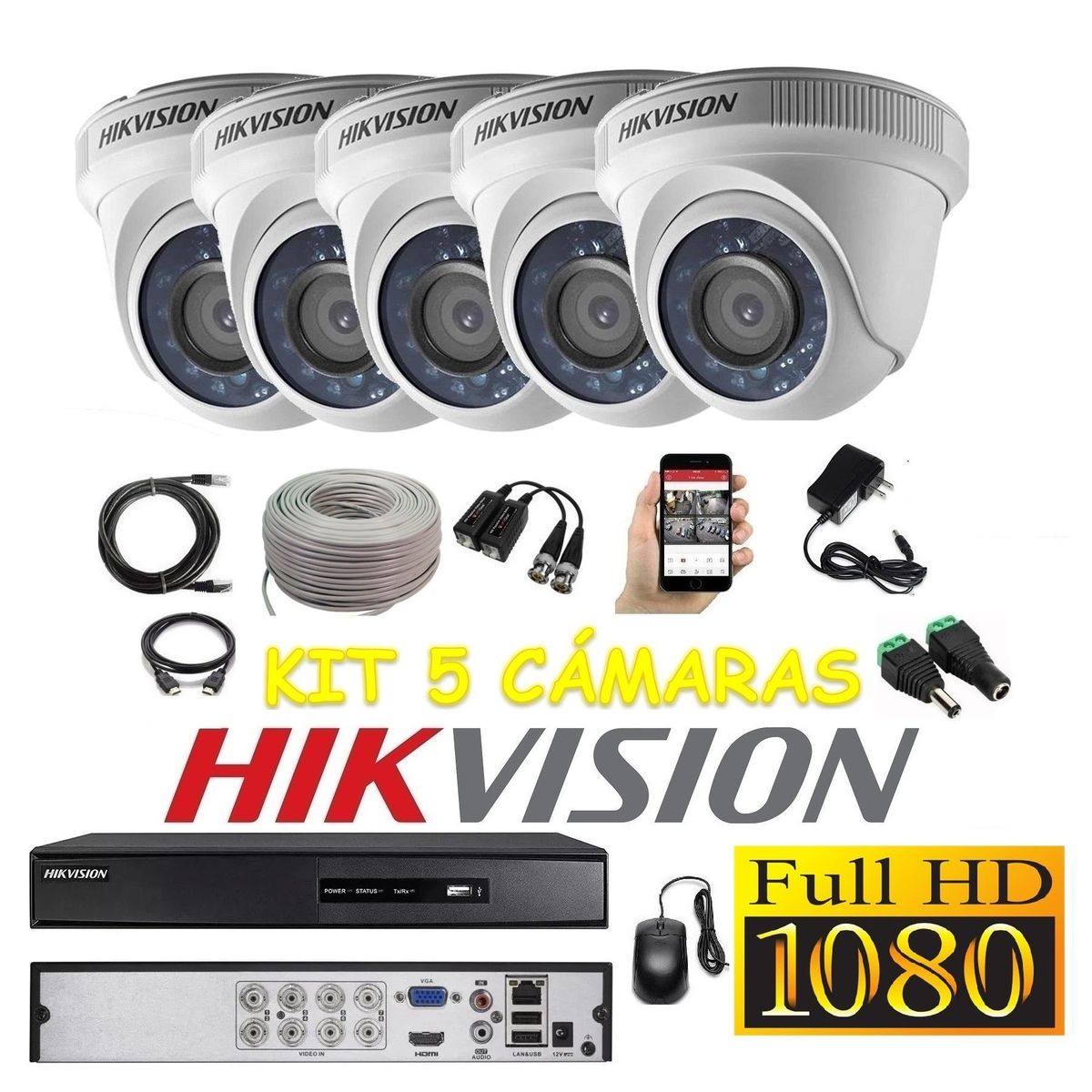 HIKVISION - kit 5 Cámaras Seguridad Domo Interior FULLHD Hikvision + Cable