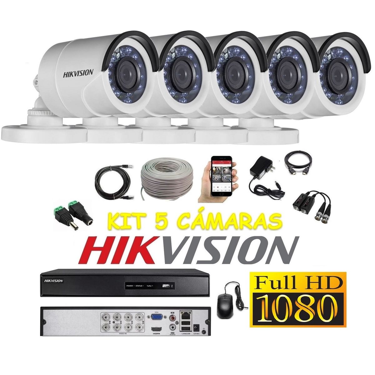 HIKVISION - kit 5 Cámaras Seguridad Tubo Exterior FULLHD Hikvision + Cable