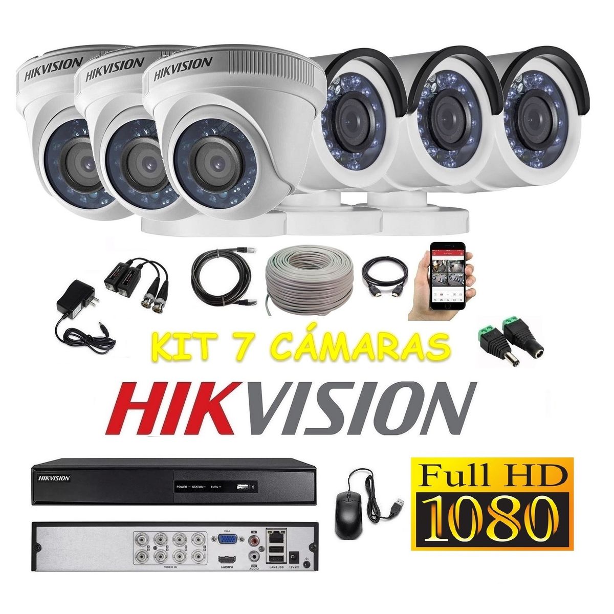 HIKVISION - kit 6 Cámaras Seguridad FULLHD Hikvision + Cable