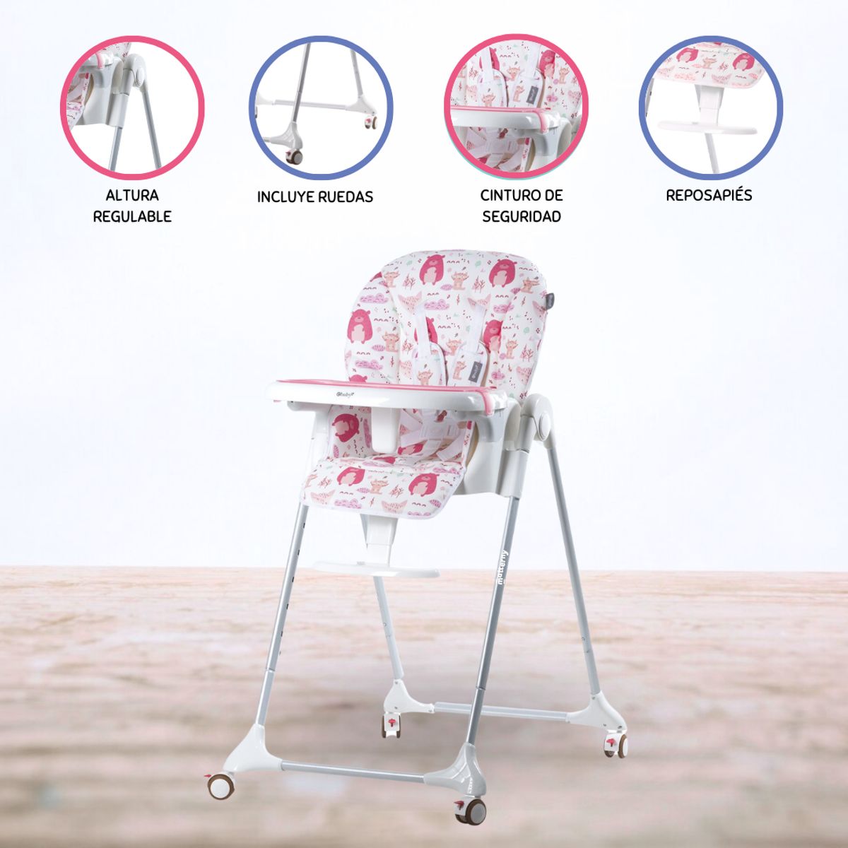 EBABY - Silla de Comer Graduable »HARRIET BOSQUE» Pink