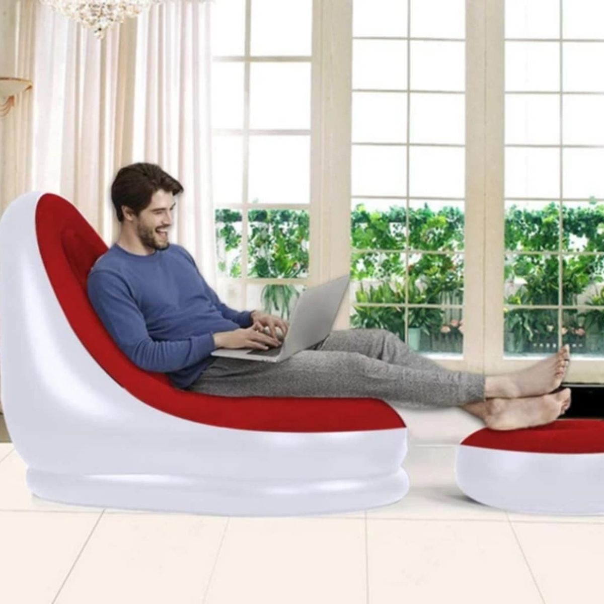 GENERICO - Sillon Puff Inflable con Posapies de Oficina Hogar Terraza Jardin Rojo