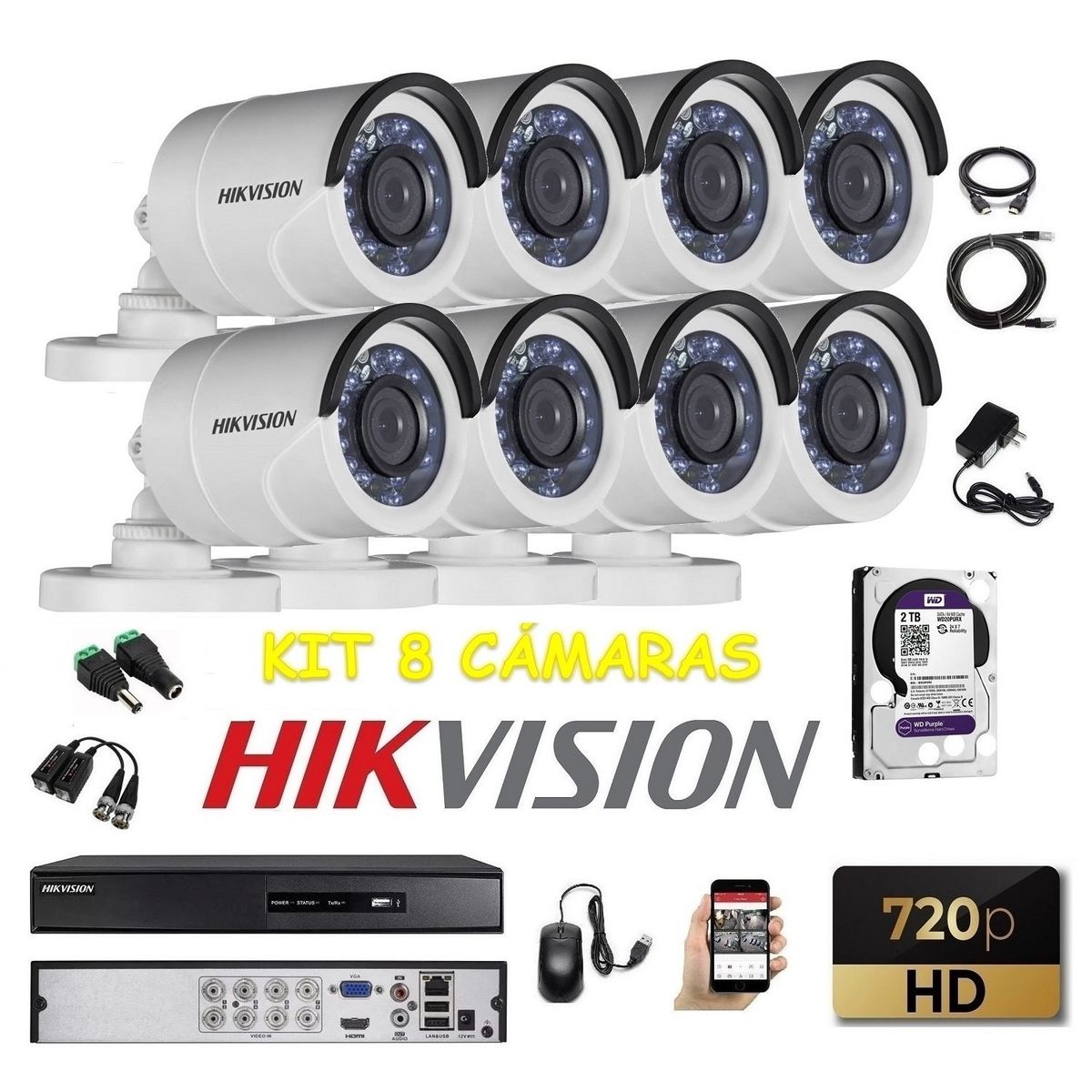 HIKVISION - kit 8 Cámaras Seguridad Tubo Exterior HD Hikvision 2tb