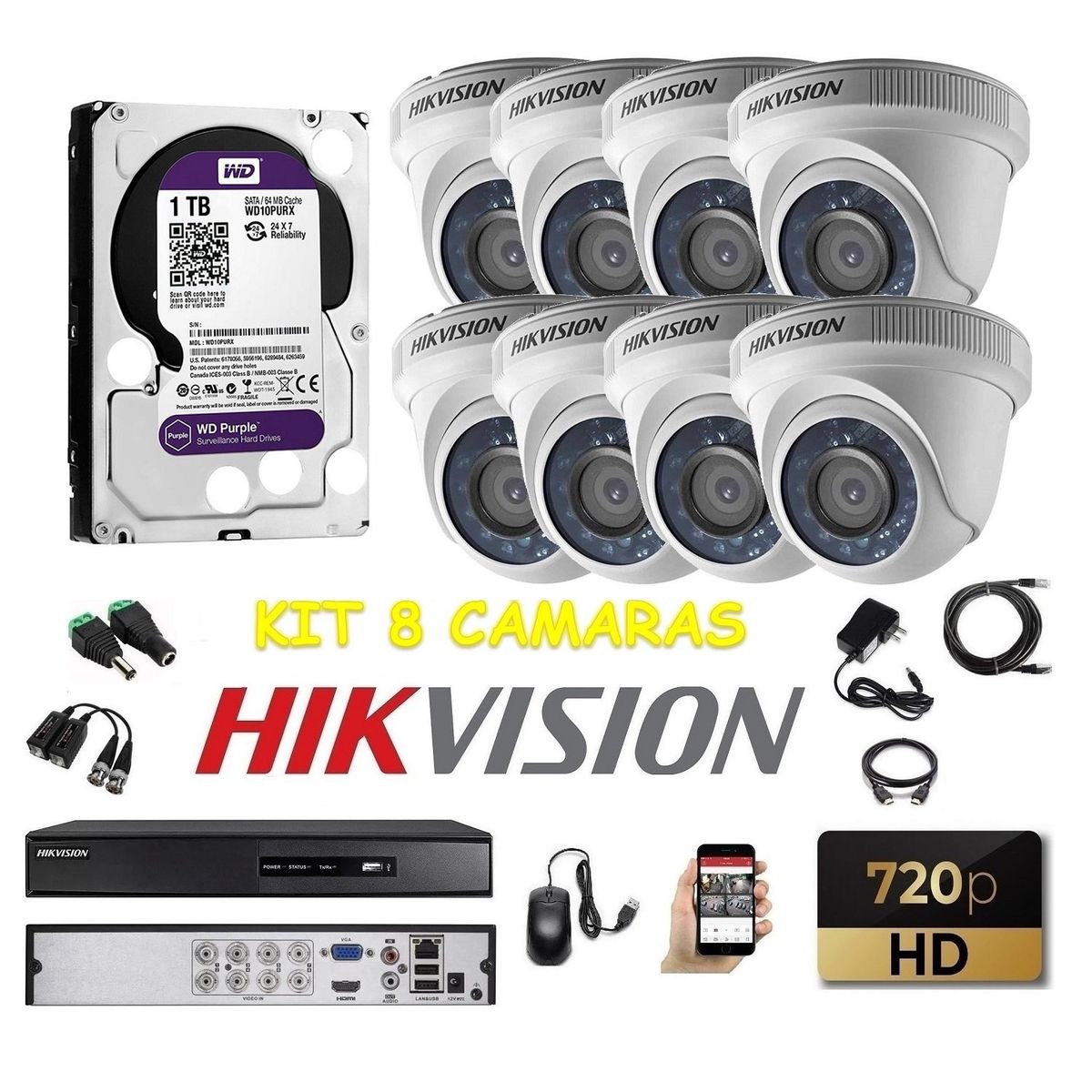 HIKVISION - kit 8 Cámaras Seguridad Domo Interior HD Hikvision 1tb