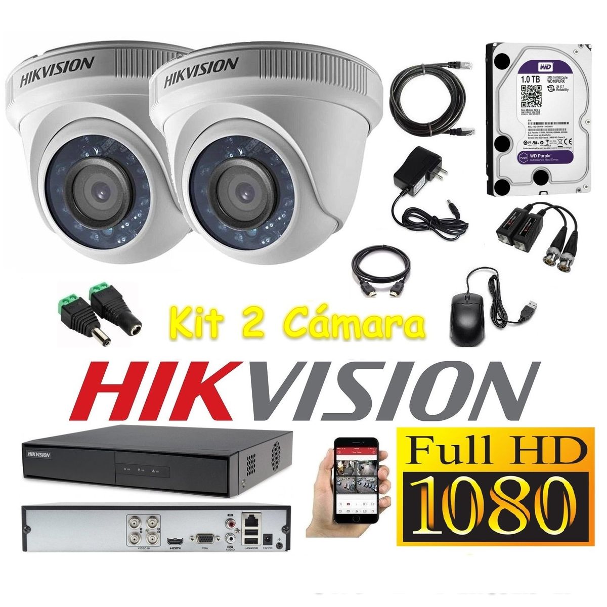 HIKVISION - kit 2 Cámaras Seguridad Domo interior FULLHD Hikvision + 1tb