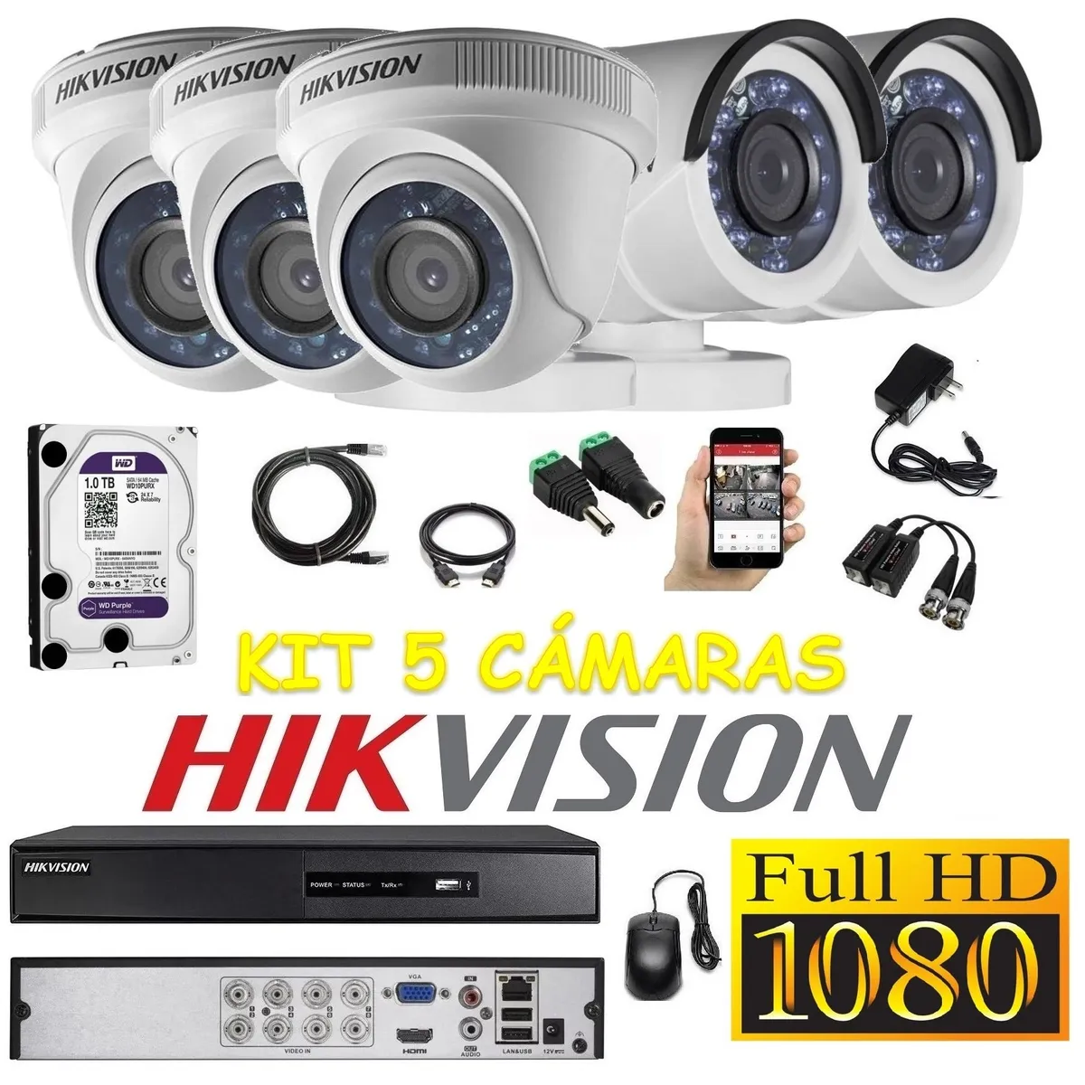 HIKVISION - kit 5 Cámaras Seguridad FULLHD Hikvision 1tb