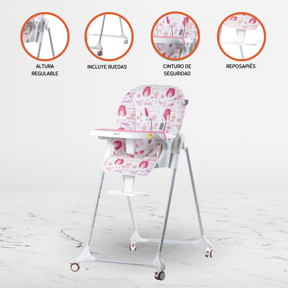 EBABY - Silla de Comer Graduable »HARRIET BOSQUE» Pink