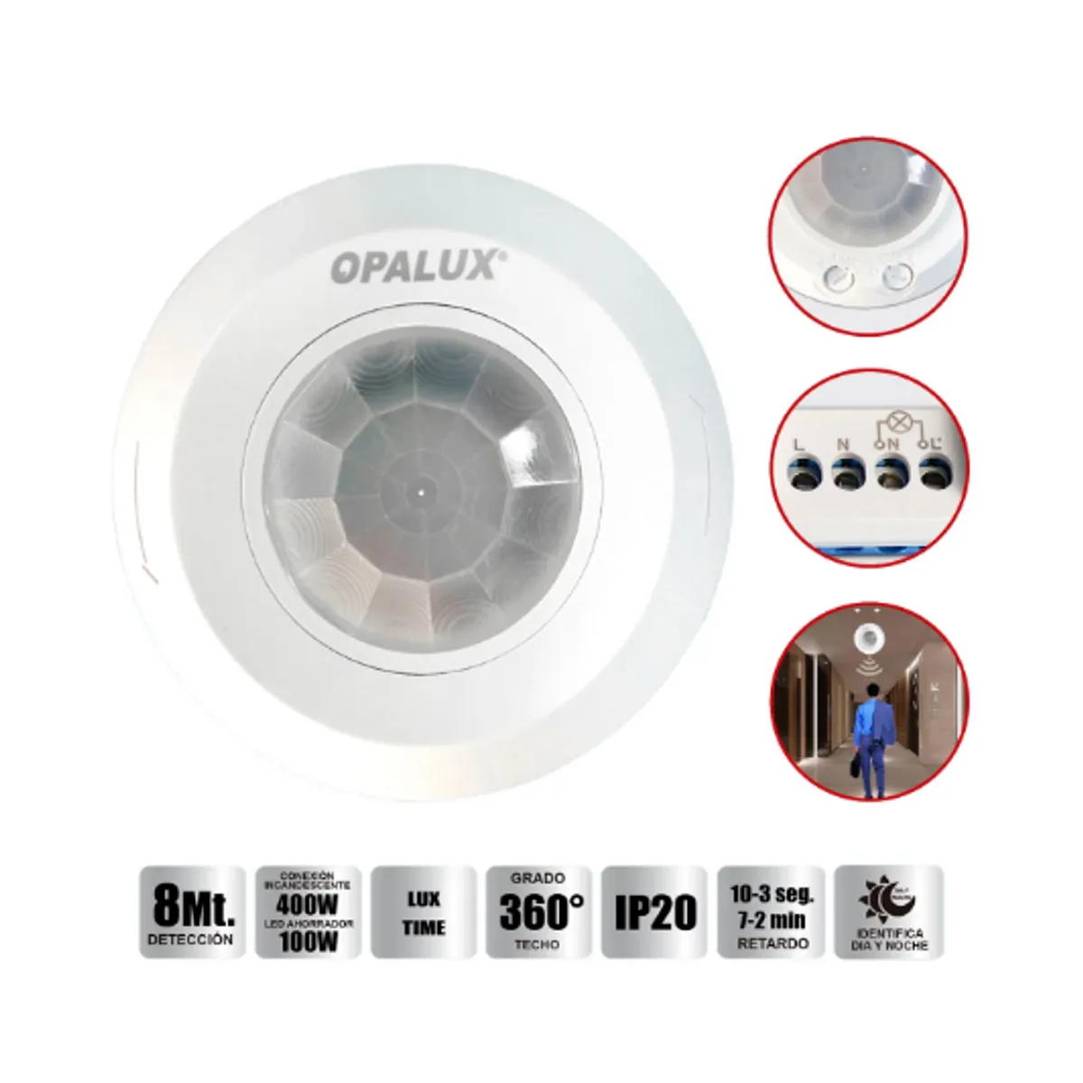 OPALUX - Sensor de Movimiento Mini 8Mts 360° IP20 Serie II ST-05M OPALUX