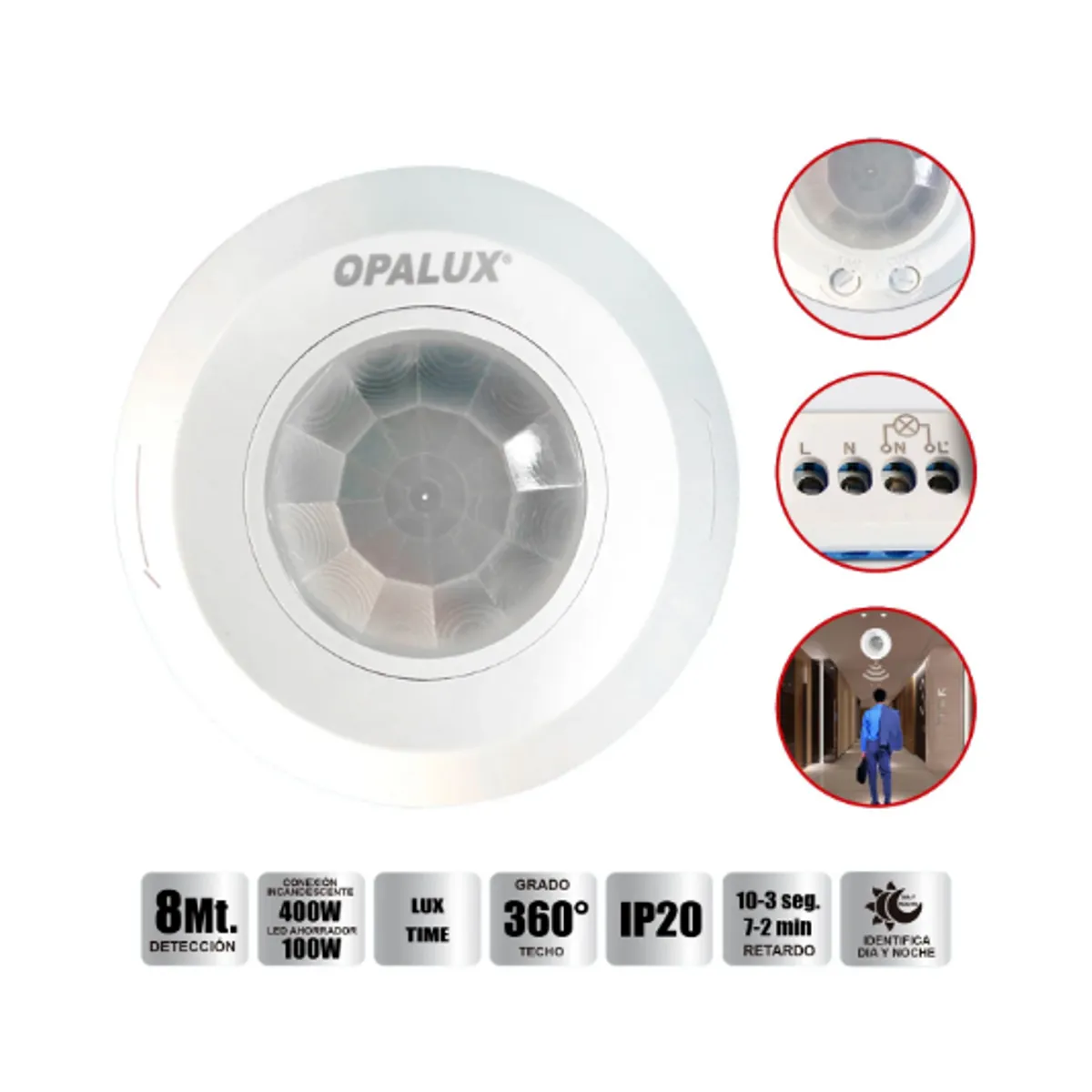 OPALUX - Sensor de Movimiento Mini 8Mts 360° IP20 Serie II ST-05M OPALUX
