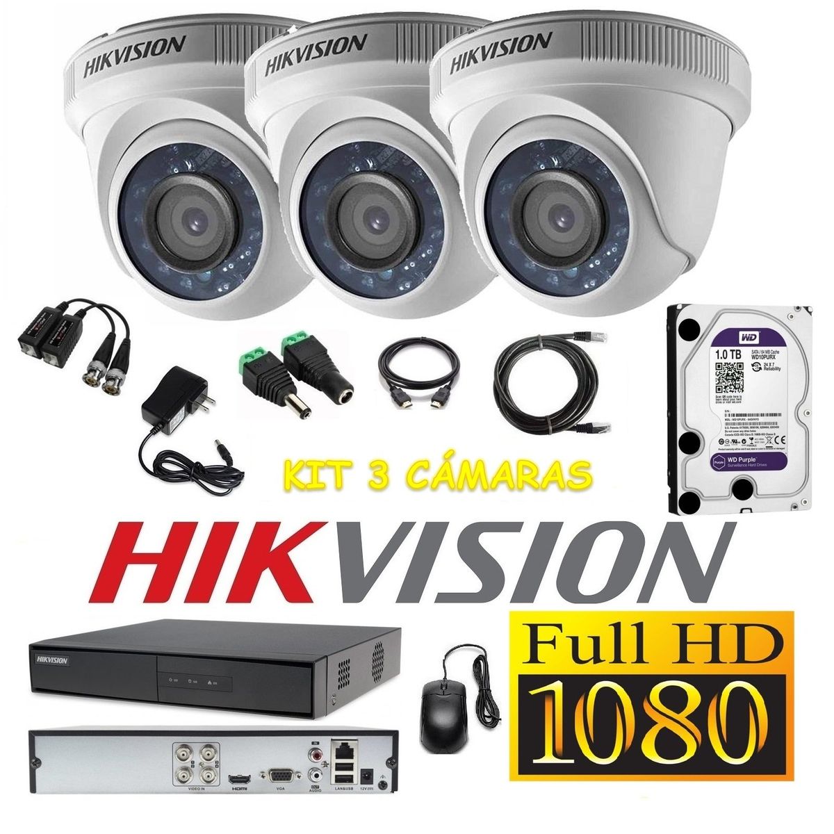 HIKVISION - kit 3 Cámaras Seguridad Domo FULLHD Hikvision 1tb