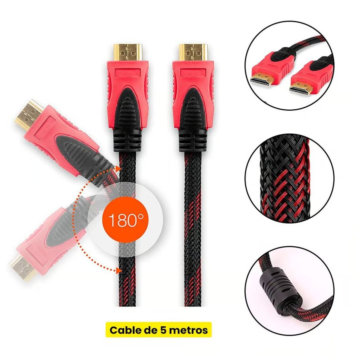 GENERICO - CABLE HDMI CON FILTROS 15 METROS ENMALLADO NEGRO CON ROJO FULL1080P