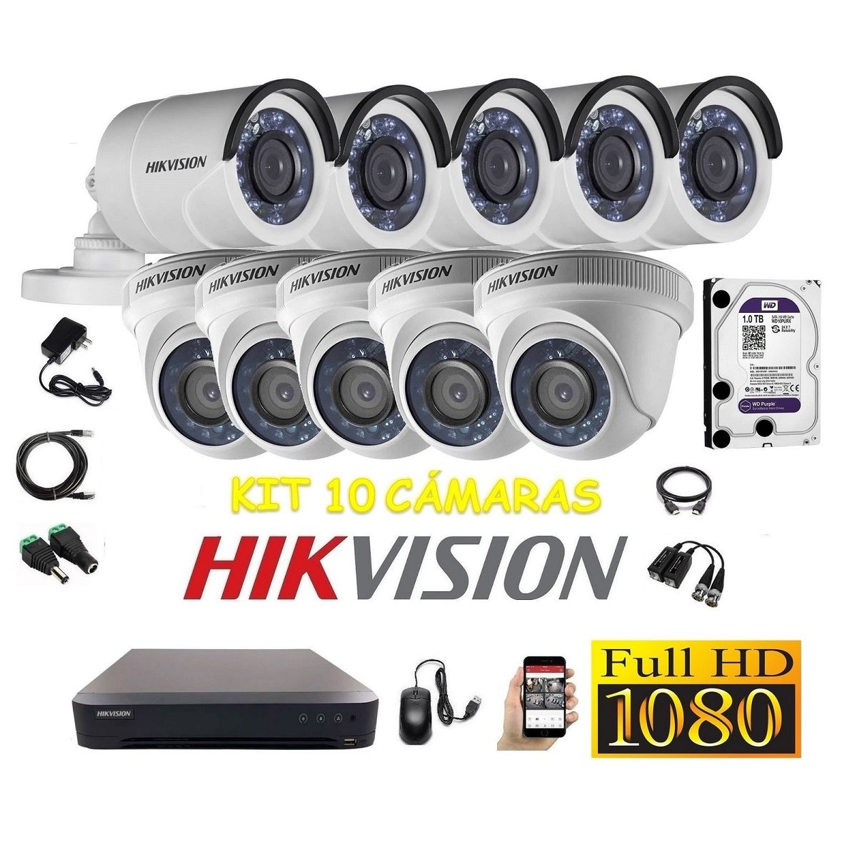 HIKVISION - kit 10 Cámaras Seguridad FULLHD Hikvision 1tb