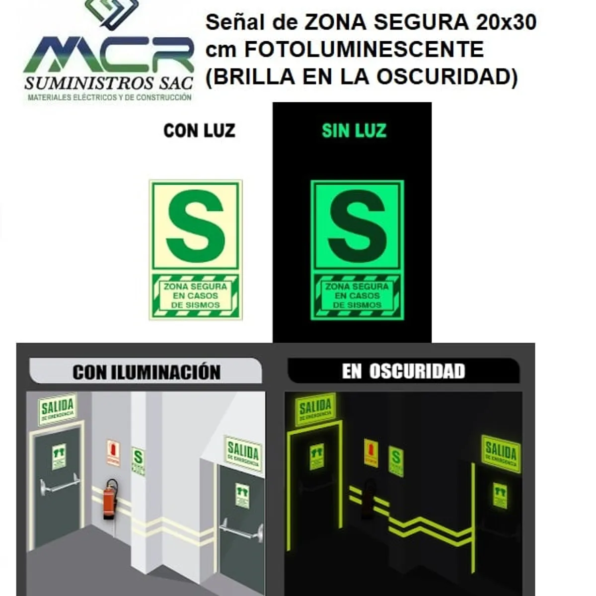 GENERICO - Señal de ZONA SEGURA 20x30 cm FOTOLUMINESCENTE BRILLA EN LA OSCURIDAD