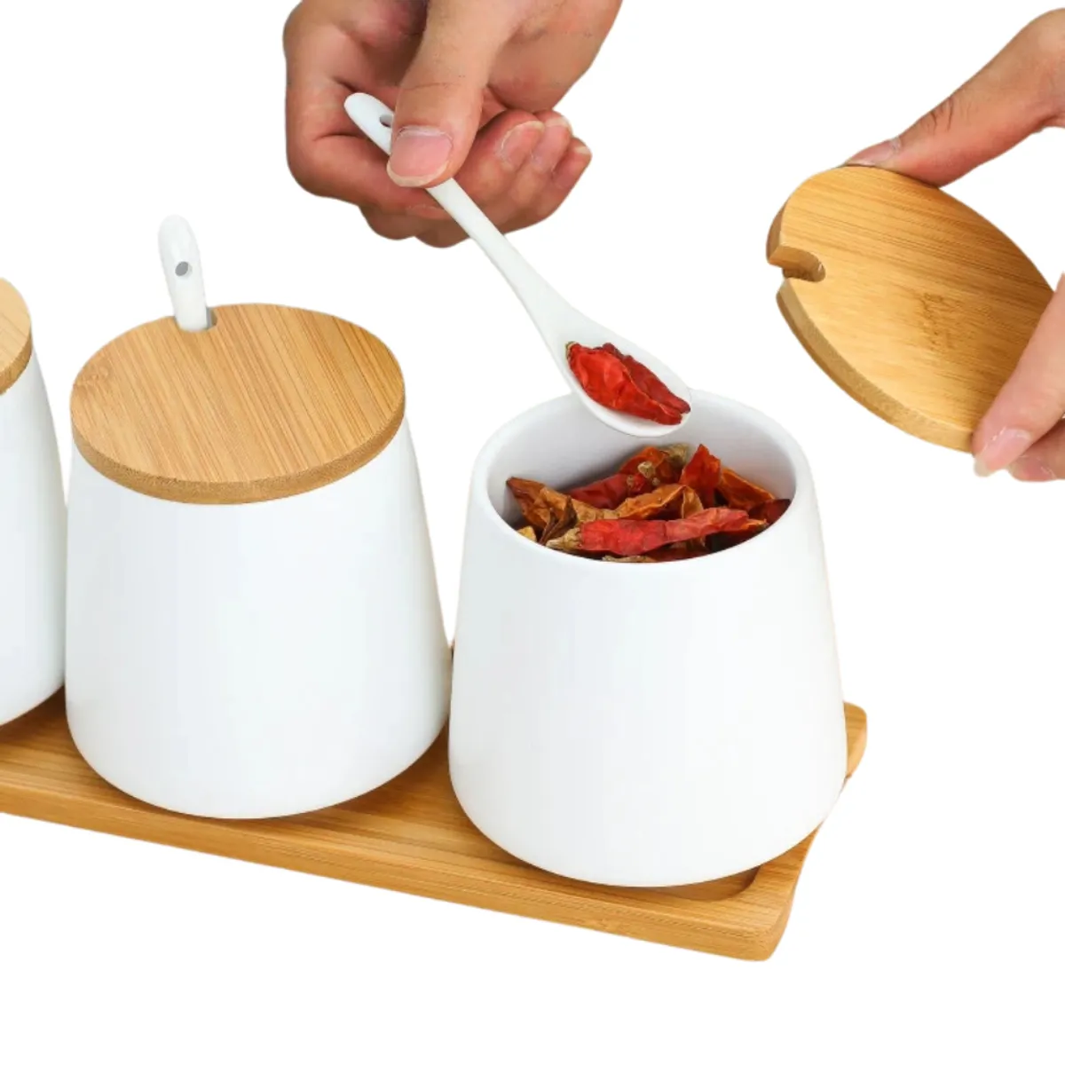 HYGGE - Azucarero de Cerámica con Cuchara y Tapa de Bambú