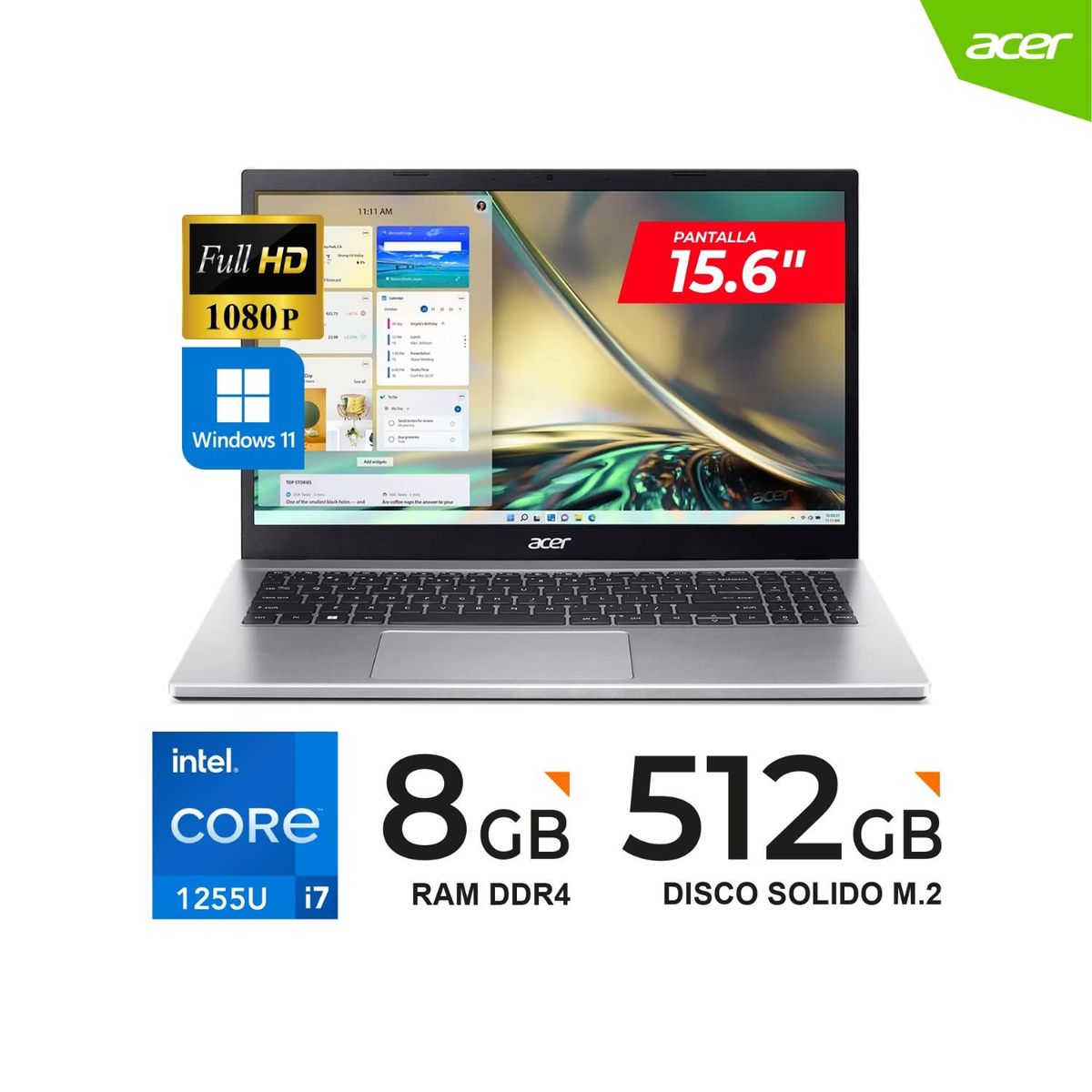 ACER - LAPTOP ACER ASPIRE 3 / 15.6" FHD / Core i7-1255U, 4.70 GHz, 8GB RAM / 512GB SSD/ Win11 Home