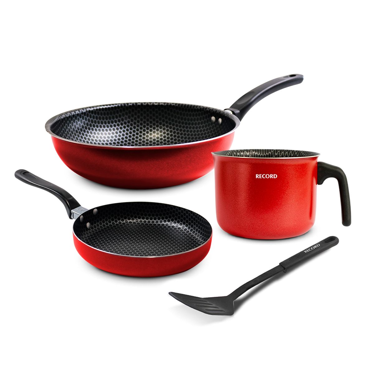 RECORD - Juego Antiadherente Panal Sartén 20cm +Jarro 14cm +Wok 26cm + Espátula