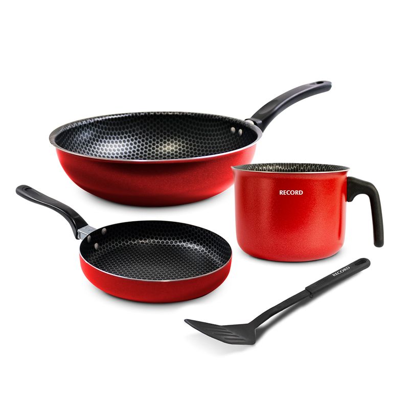 RECORD - Juego Antiadherente Panal Sartén 20cm +Jarro 14cm +Wok 26cm + Espátula