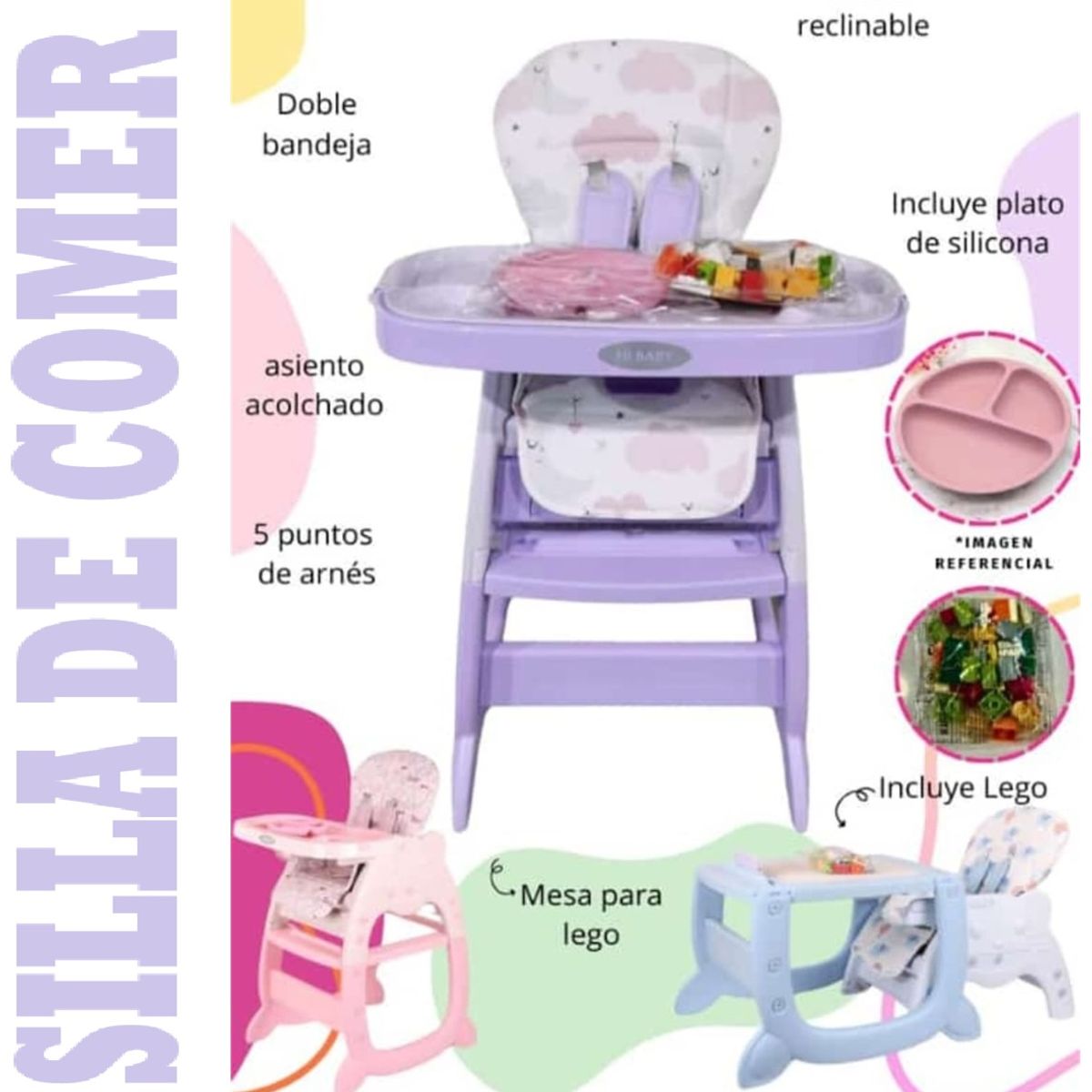HI BABY - Silla de Comer Acolchonado Gato 3 en 1 Con Plato + lego