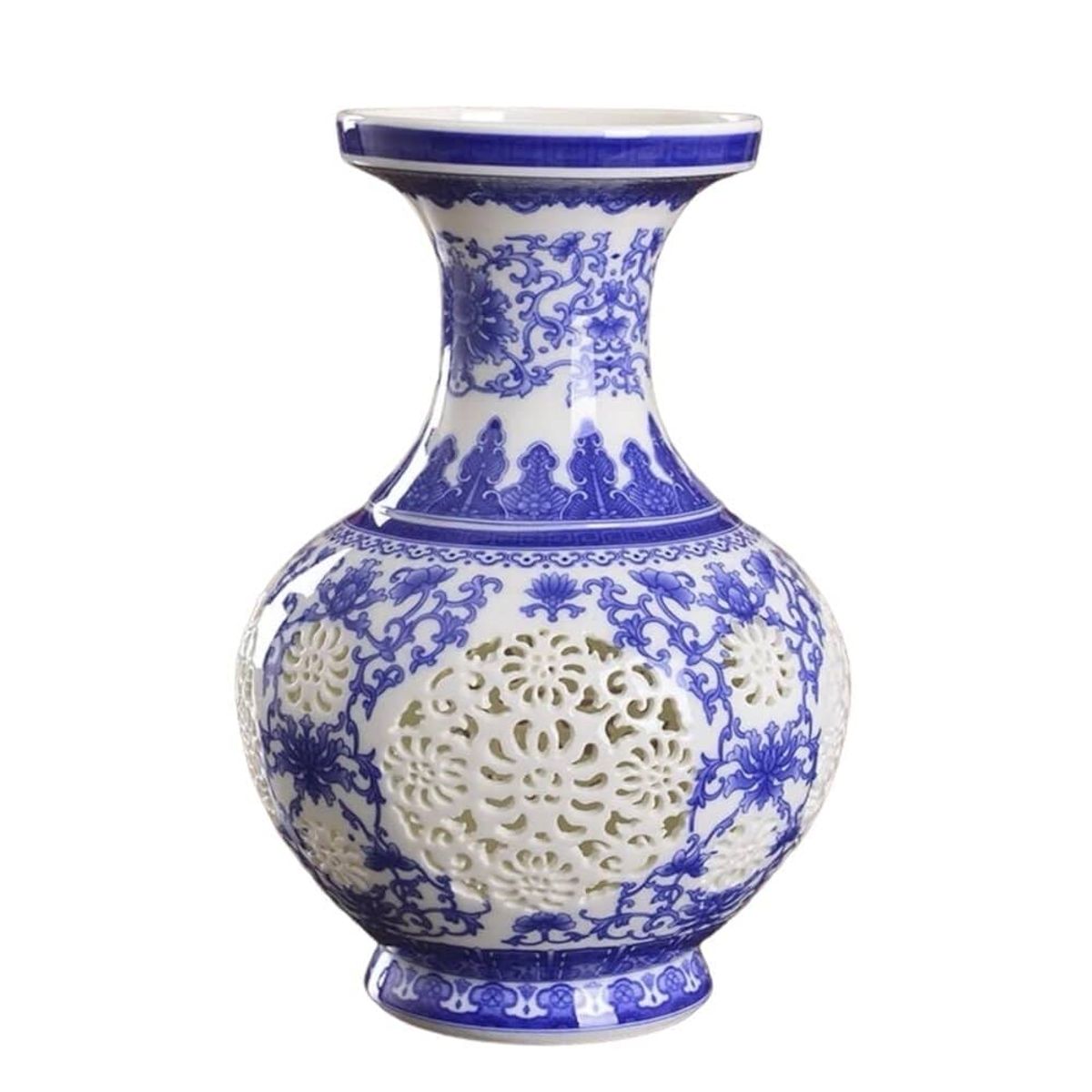 GIADE - Florero de Porcelana Floral Azul y Blanco 28 cm