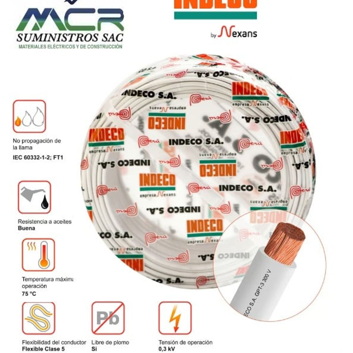 INDECO - Cable GPT 18 AWG BLANCO 100 Metros INDECO