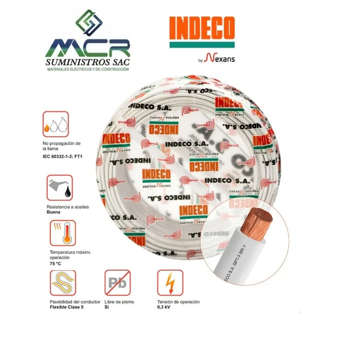 INDECO - Cable GPT 18 AWG BLANCO 100 Metros INDECO