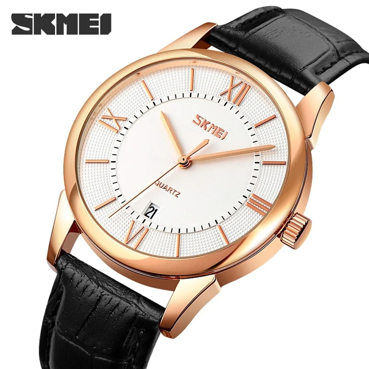 SKMEI - Reloj Skmei 9261 Oro Rosa fondo blanco Correa negra de cuero