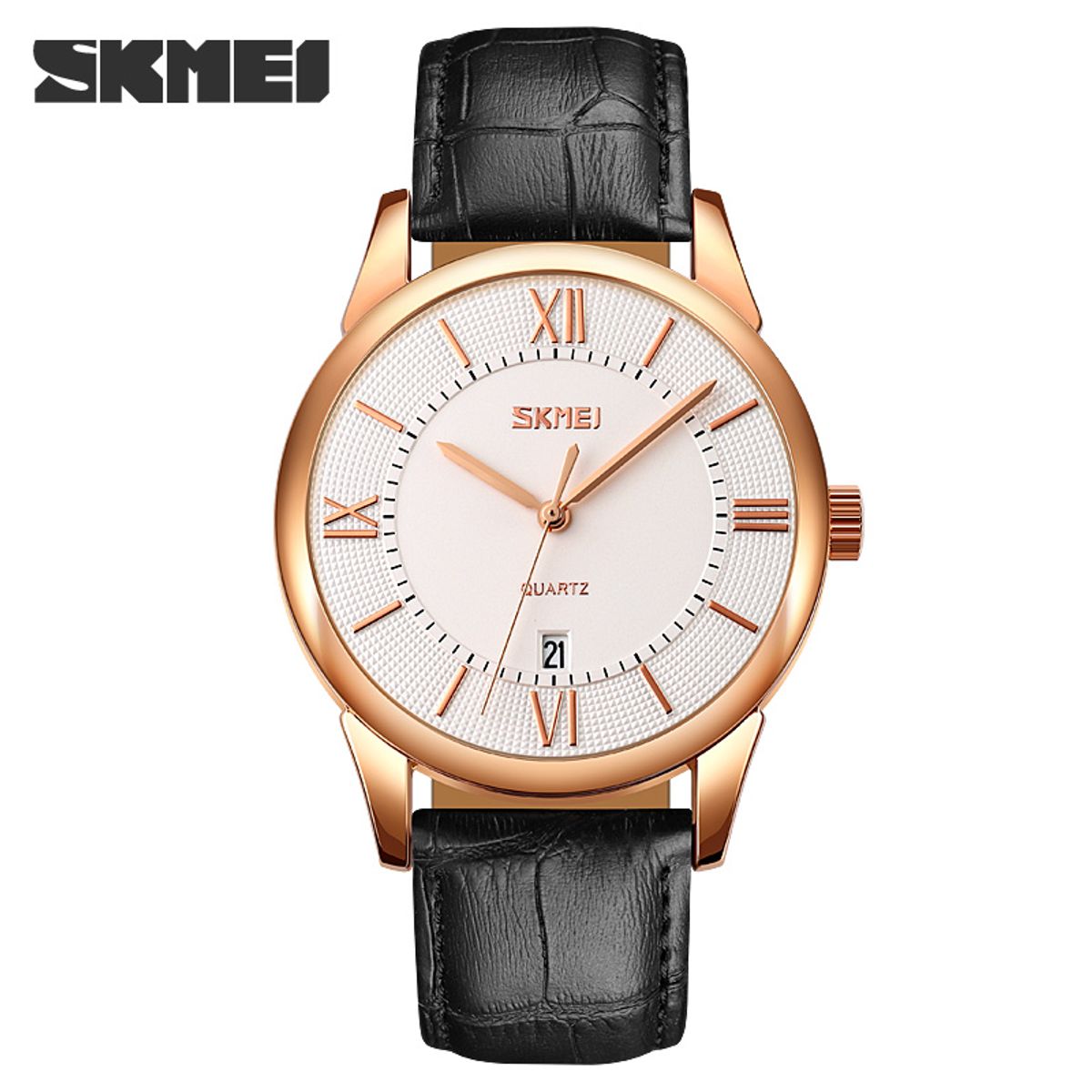 SKMEI - Reloj Skmei 9261 Oro Rosa fondo blanco Correa negra de cuero