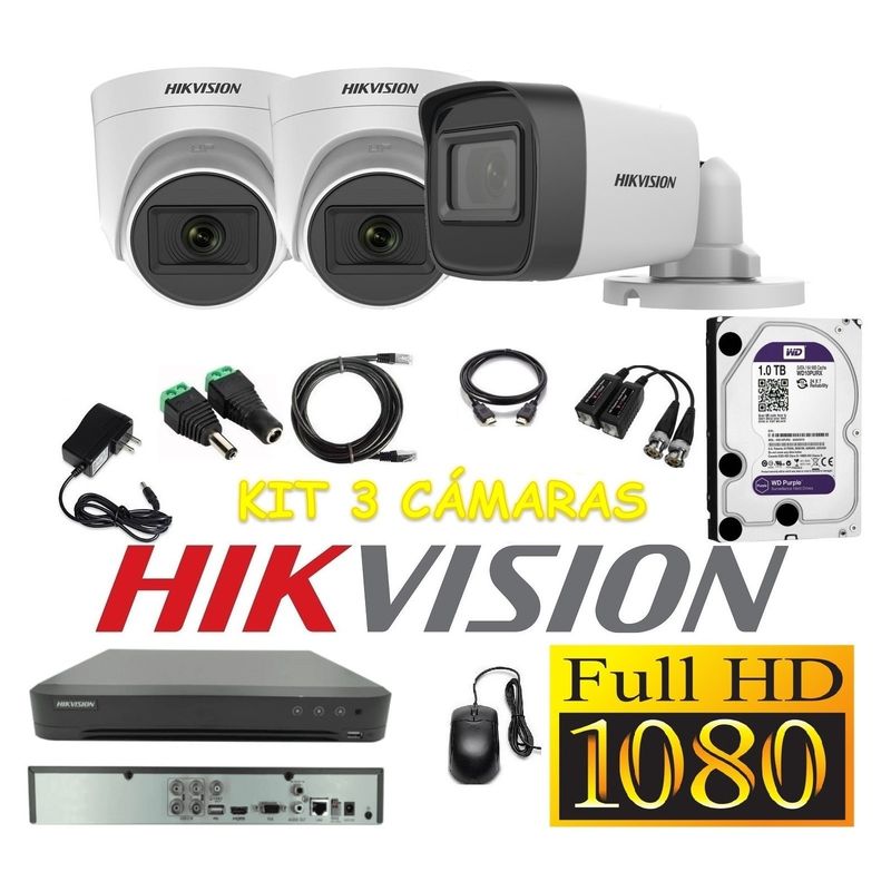 HIKVISION - Cámaras Seguridad Kit 3 HIKVISION FULLHD Audio DVR HQHI + 1Tb
