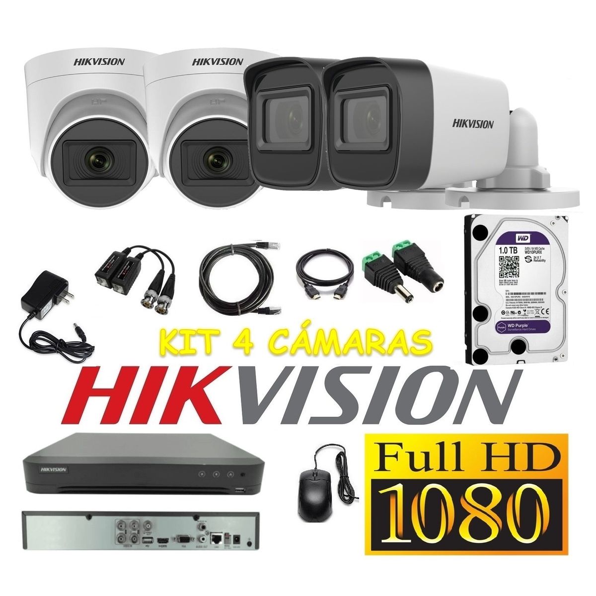 HIKVISION - Cámaras Seguridad Kit 4 HIKVISION FULLHD Audio DVR HQHI + 1Tb