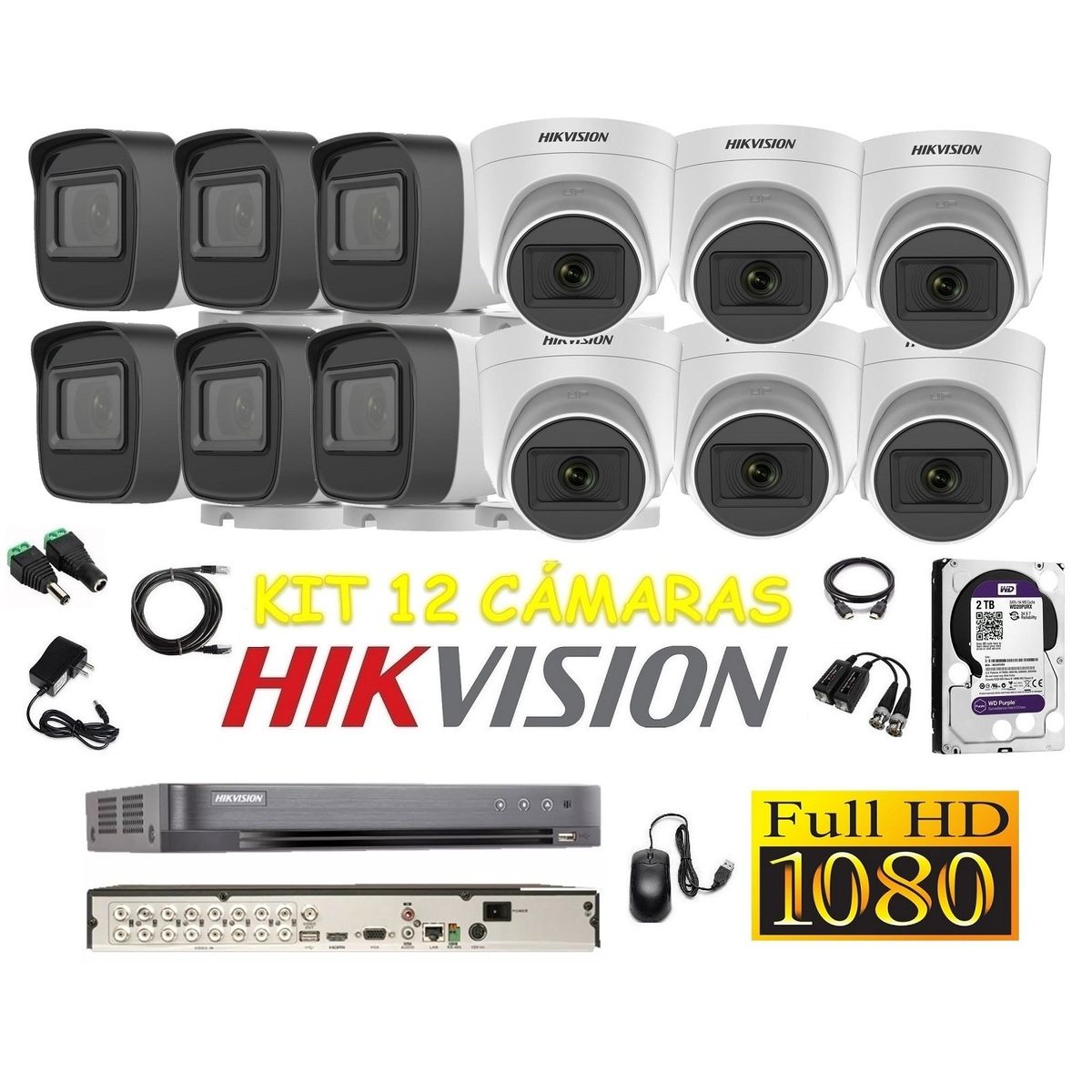 HIKVISION - Cámaras Seguridad Kit 12 HIKVISION FULLHD Audio DVR HQHI + 2tb