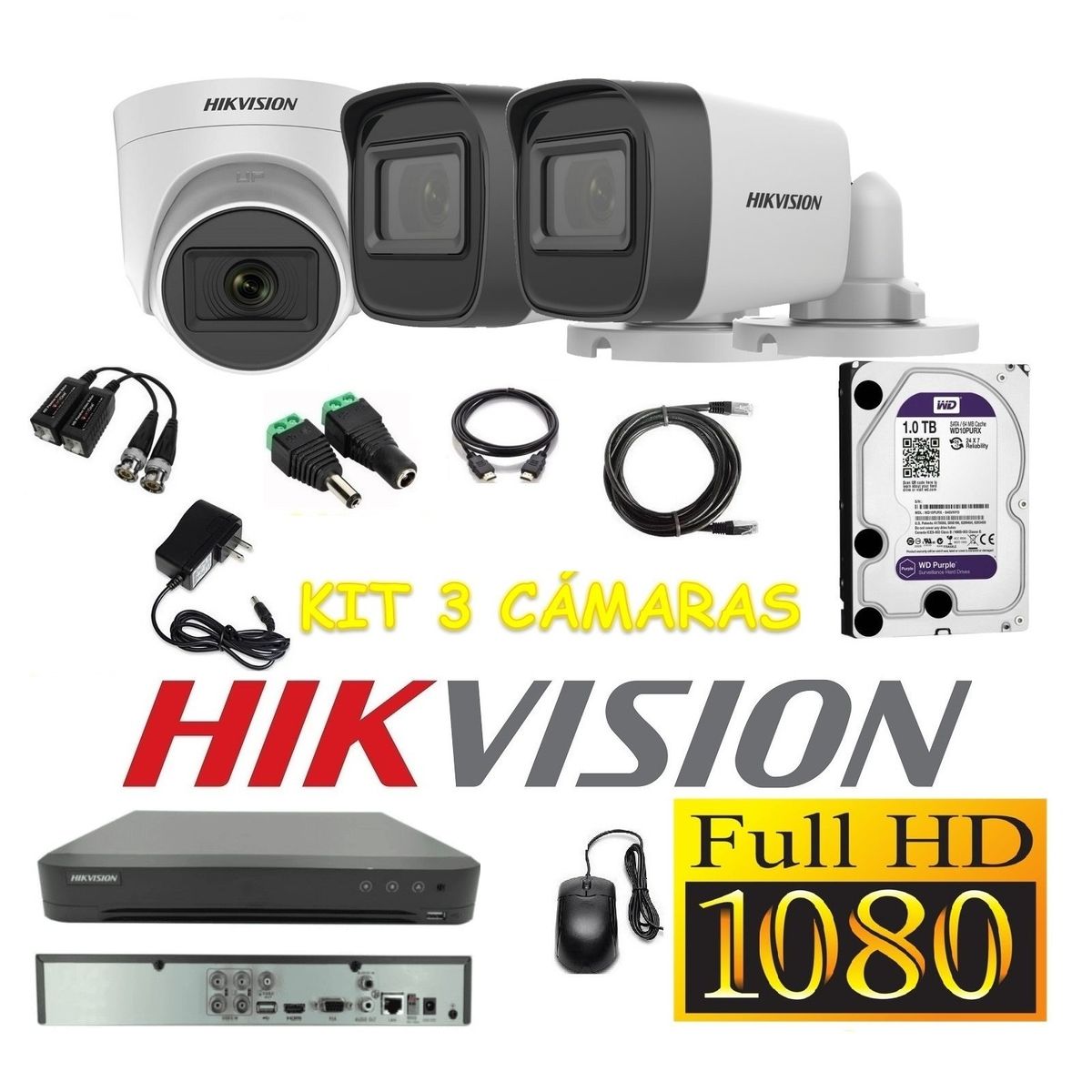HIKVISION - Cámaras Seguridad Kit 3 HIKVISION FULLHD Audio DVR HQHI + 1Tb