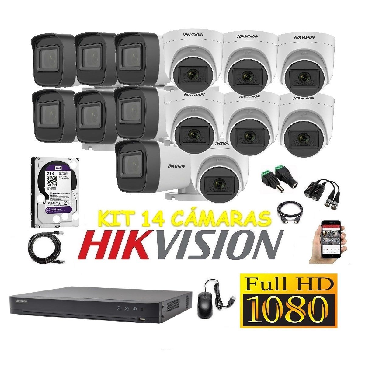 HIKVISION - Cámaras Seguridad Kit 14 HIKVISION FULLHD Audio DVR HQHI + 2tb