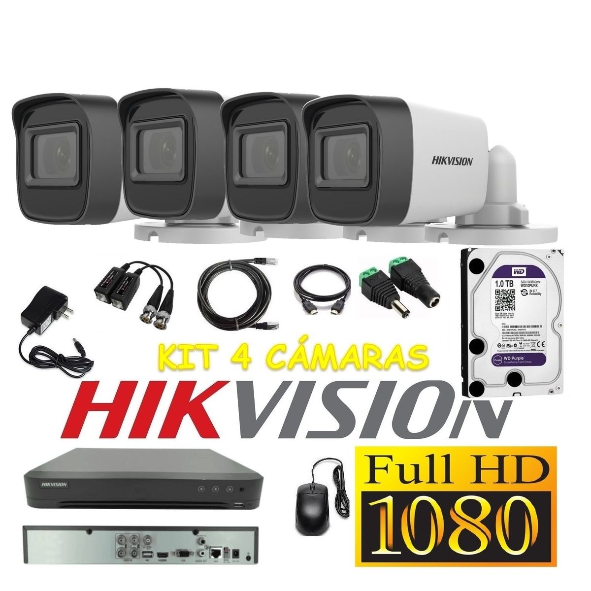 HIKVISION - Cámaras Seguridad Kit 4 HIKVISION TUBO FULLHD Audio DVR HQHI + 1Tb