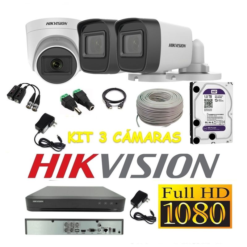 HIKVISION - Cámaras Seguridad Kit 3 HIKVISION FULLHD Audio DVR HQHI + 1Tb + Cable
