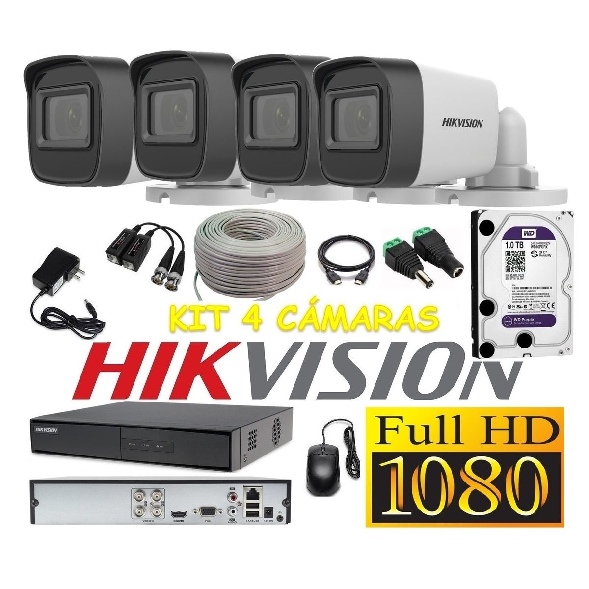 HIKVISION - Cámaras Seguridad Kit 4 HIKVISION TUBO FULLHD Audio DVR HQHI + 1Tb + Cable