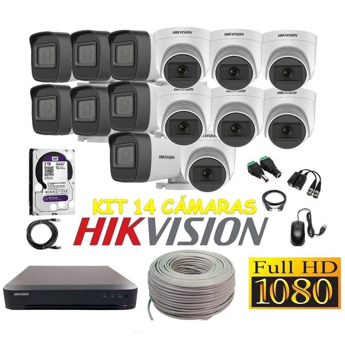 HIKVISION - Cámaras Seguridad Kit 14 HIKVISION FULLHD Audio DVR HQHI + 2tb + Cable