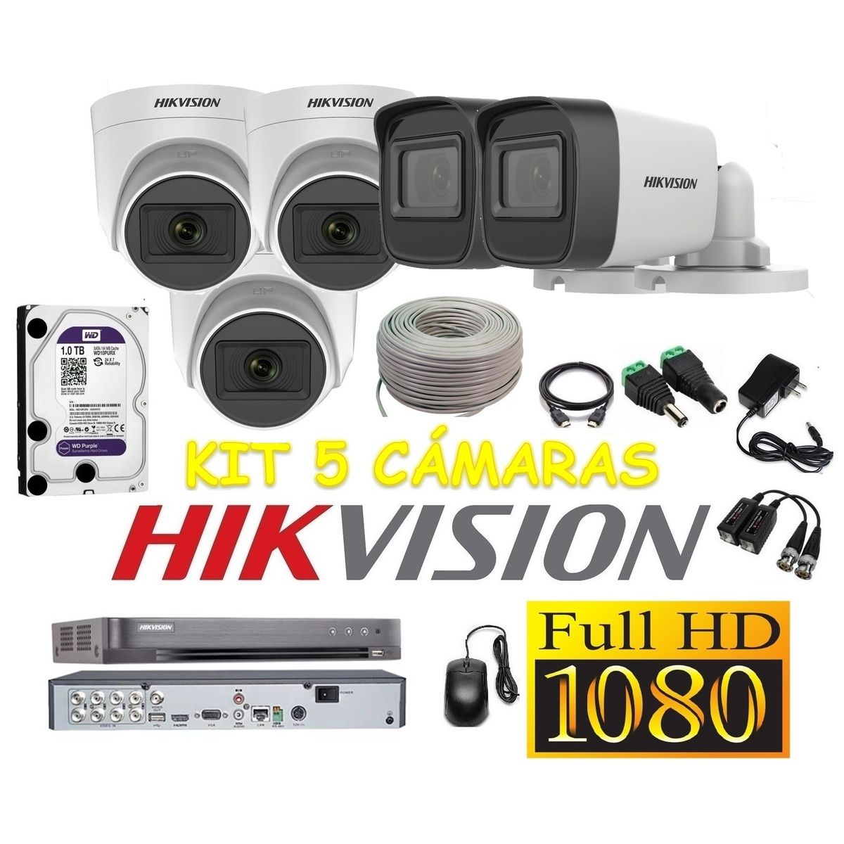 HIKVISION - Cámaras Seguridad Kit 5 HIKVISION FULLHD Audio DVR HQHI + 1tb + Cable