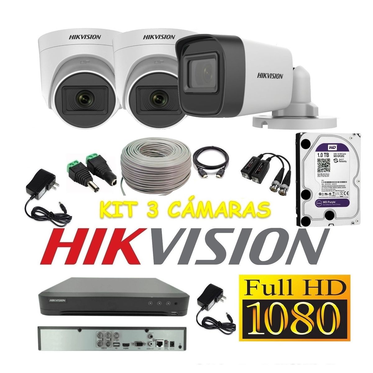 HIKVISION - Cámaras Seguridad Kit 3 HIKVISION FULLHD Audio DVR HQHI + 1Tb + Cable