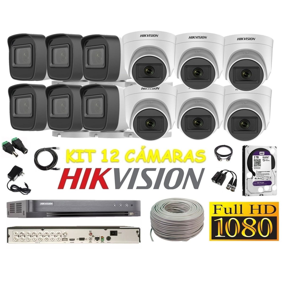 HIKVISION - Cámaras Seguridad Kit 12 HIKVISION FULLHD Audio DVR HQHI + 2tb + Cable