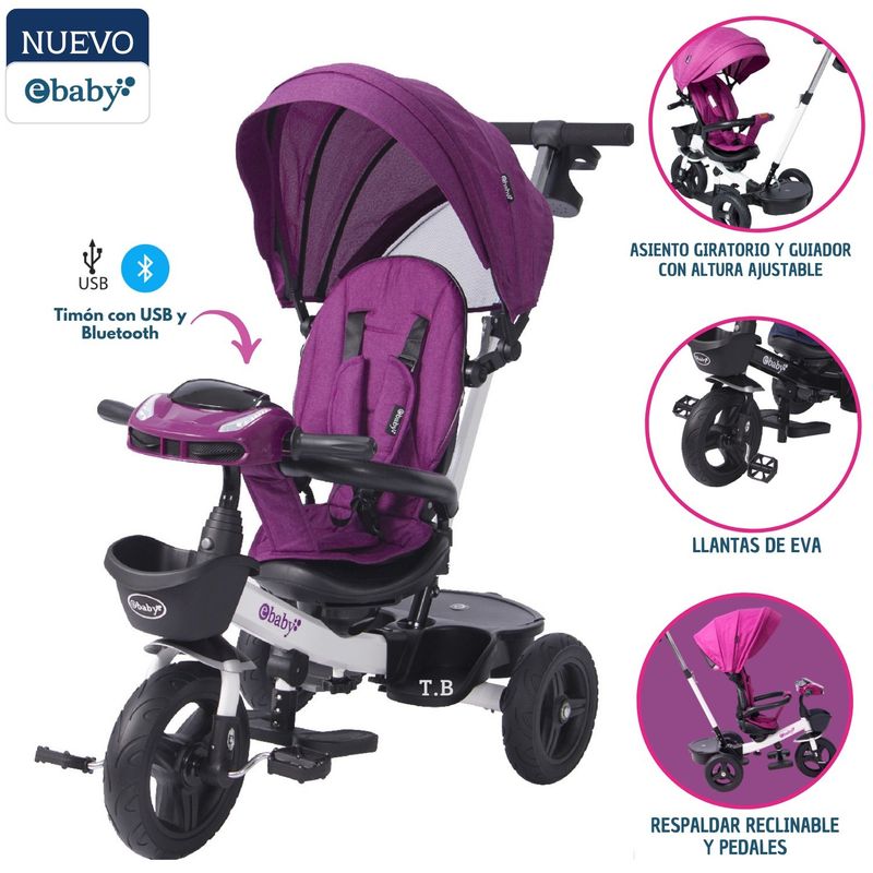 EBABY - TRICICLO ARIA RECLINABLE CON ASIENTO GIRATORIO MORADO Ebaby