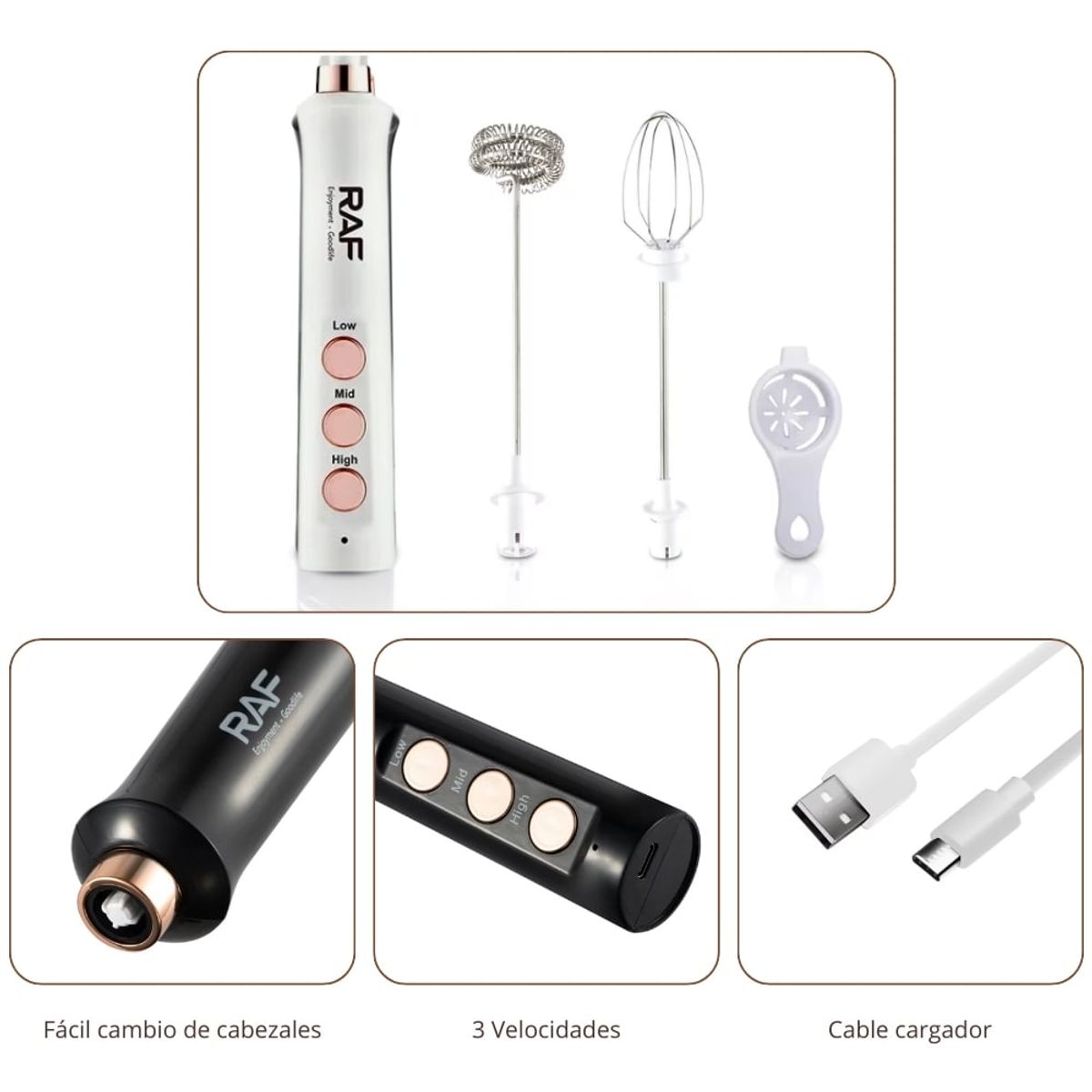 RAFF - Batidor Manual de Huevos y Café Eléctrico RAF 3 en 1 Blanco - R.342