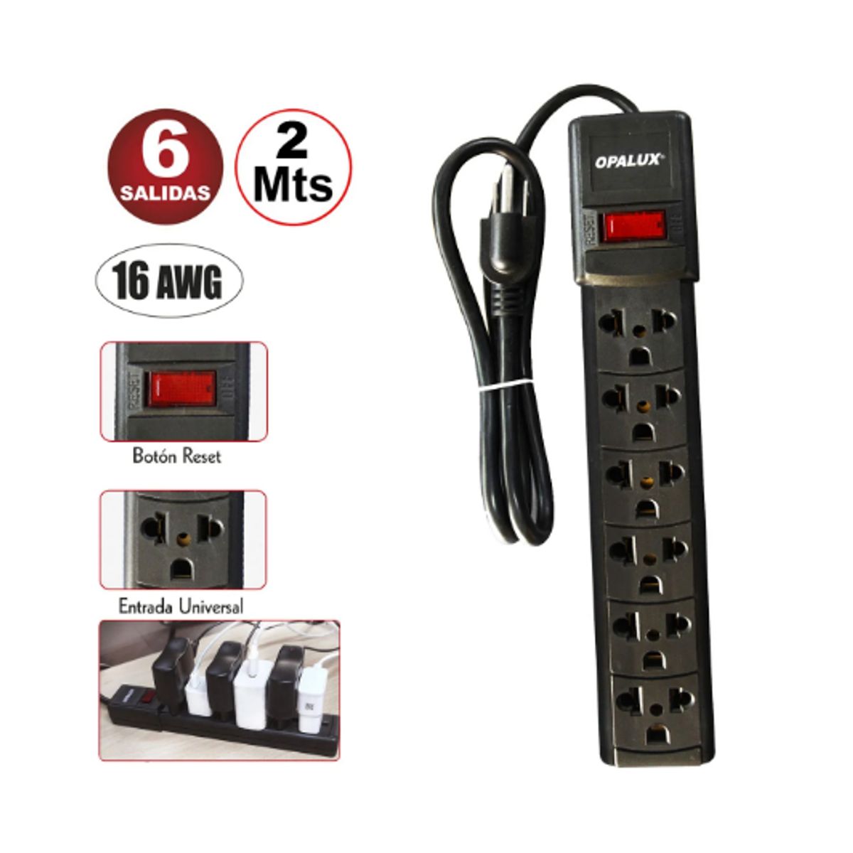 OPALUX - Extensión Universal Vulcanizada 6 Salidas 2Mts OP-FL28-2MTS OPALUX